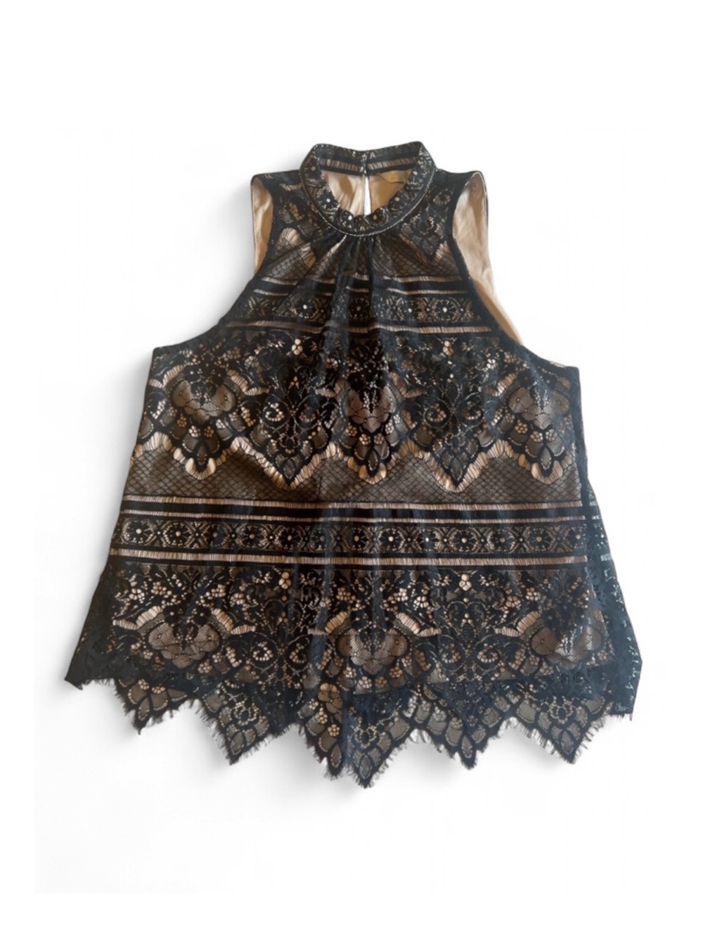 LC Lauren Conrad Black Lace Illusion Halter Tank Top M Whimsigoth Coquette Boho